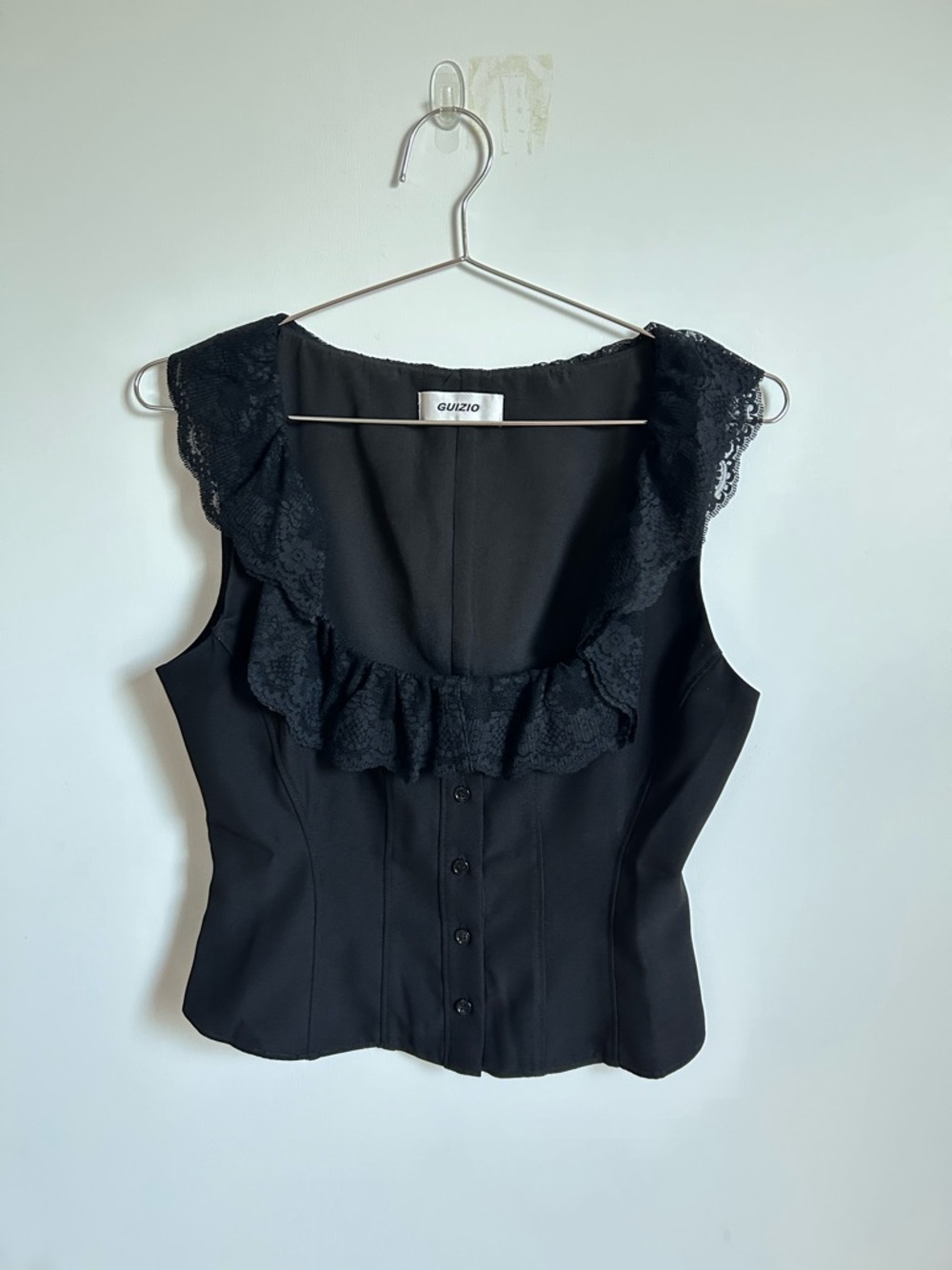 Danielle Guizio Black Lace Ruffle Sleeveless Blouse